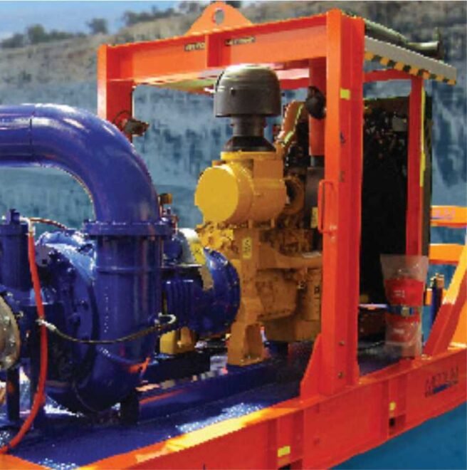 Diesel-driven dewatering pump set on a skid at a mine site