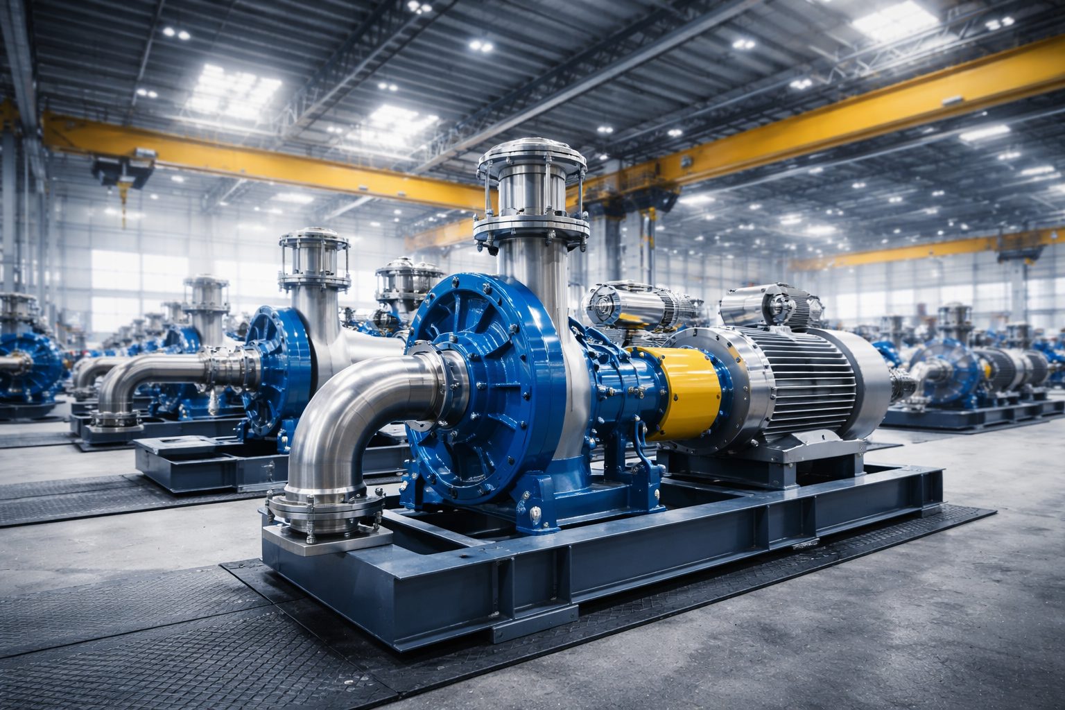 Blue horizontal split-case pump coupled to an electric motor on a steel skid inside an industrial plant